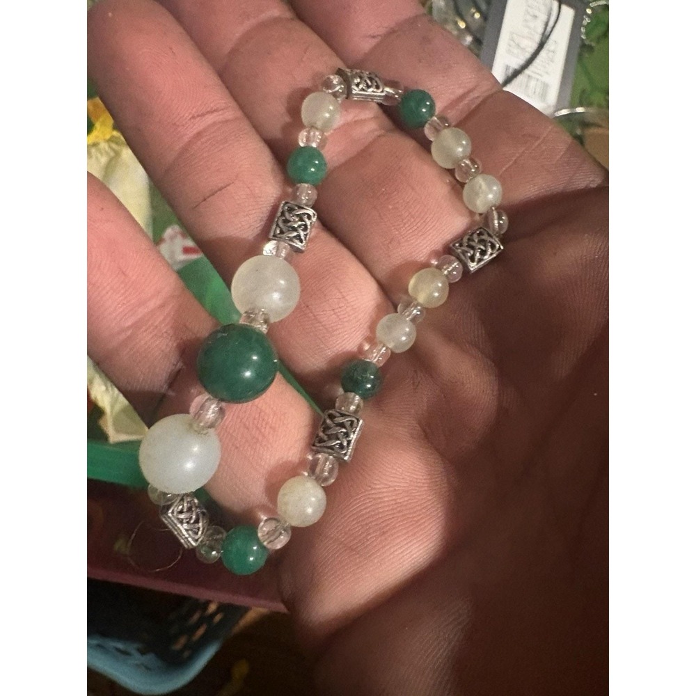 Handcrafted Moonstone Aventurine Beaded Bracelet Silver Tone Celtic Knot Boho